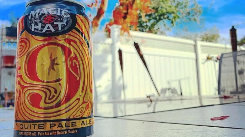 A can of Magic Hat #9 Not Quite Pale Ale outside on a sunny day