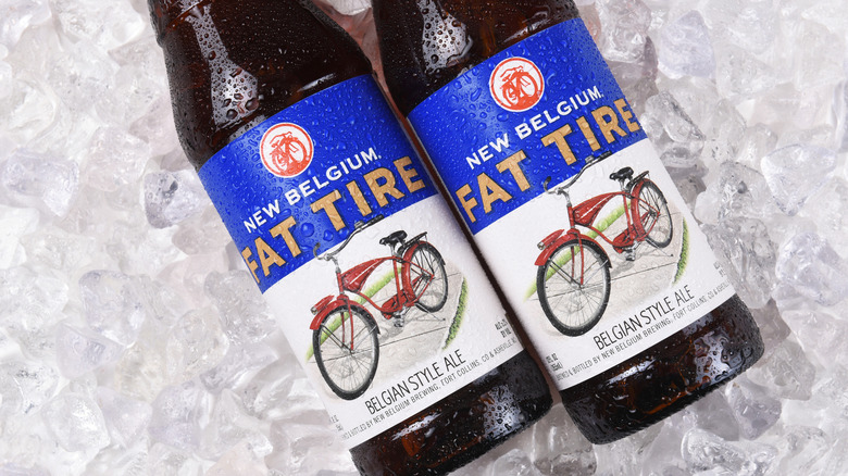 Bottles of New Belgium Fat Tire Classic Ale on a bed of ice
