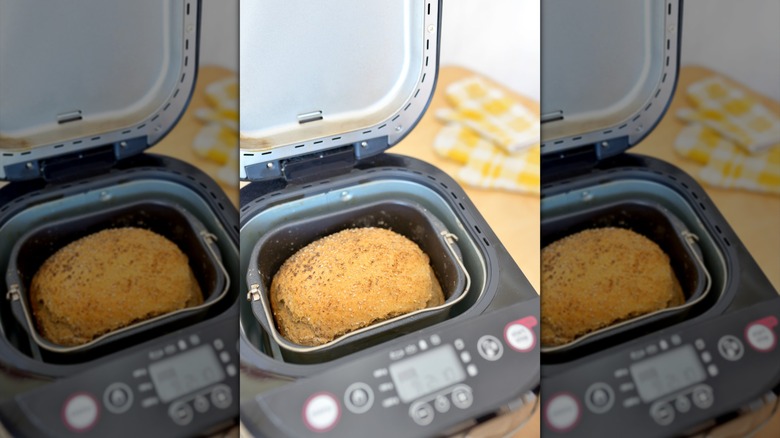 Lid of a bread machine open to reveal a loaf of bread