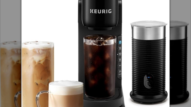 Keurig's K-Cafe Barista Bar coffee machine with two iced coffees and a cappuccino