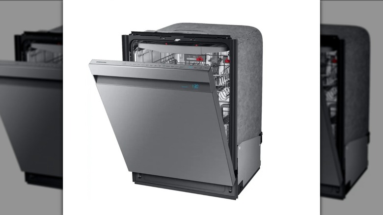 The Samsung 24 in 39 dBA smartwasher with the door slightly open