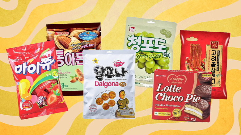Five bags of Korean candy against a yellow background