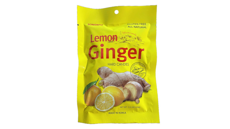 Bright yellow bag of lemon ginger candy