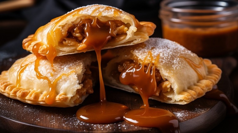 Three sweet empanadas with fruit and caramel sauce