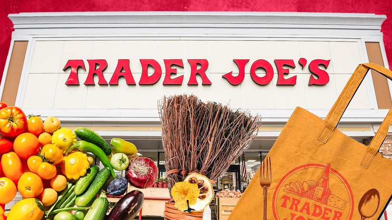 Groceries in front of Trader Joe's storefront