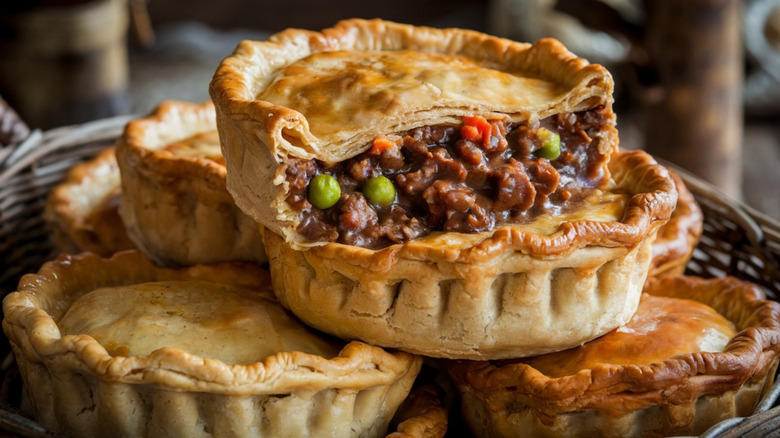 A meat pie cut in half on top of full meat pies