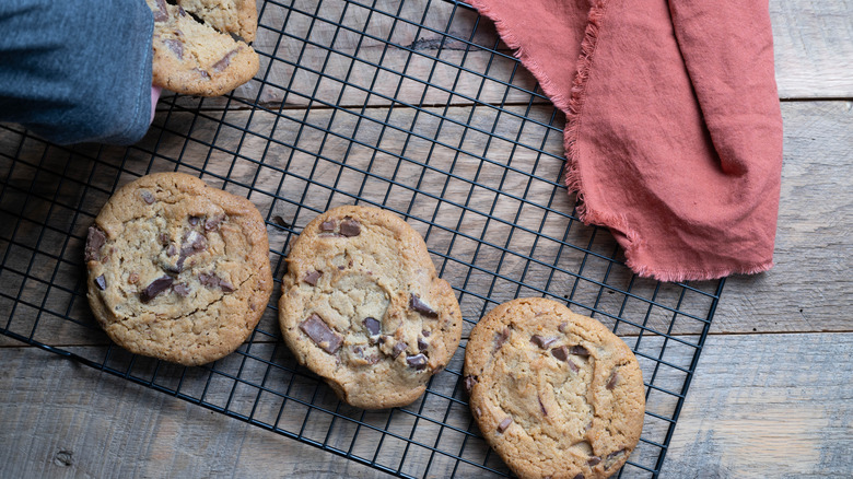 chocolate chip cookies cooling on a wire rack
