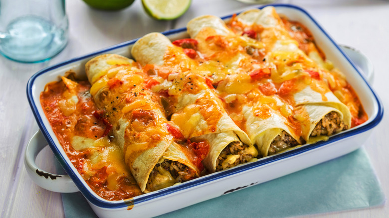 Beef enchiladas in a baking dish