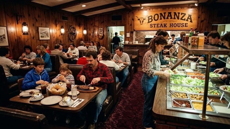 A busy dining room at a Bonanza Steak House