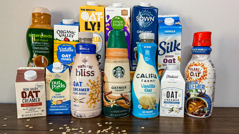 Oat milk coffee creamers arranged on a table