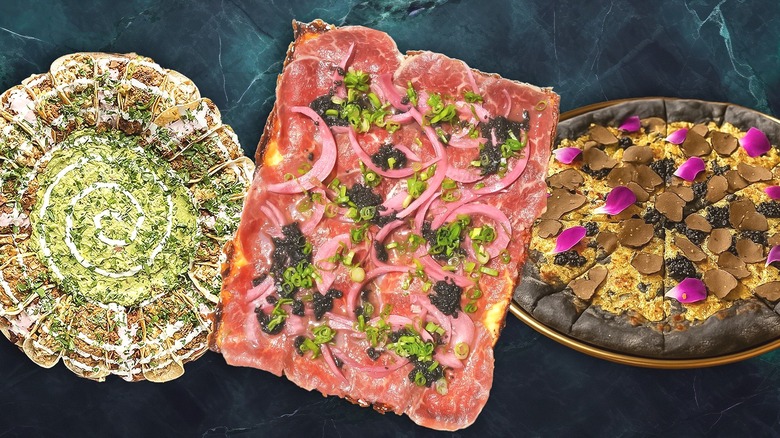 Collage of expensive novelty pizzas