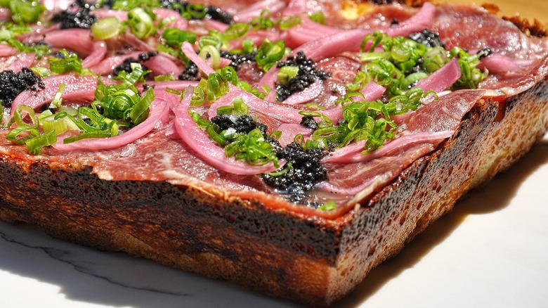 Close up of artisanal Detroit pan pizza