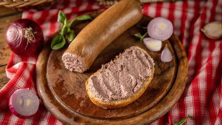 Plate of liverwurst sausage and pate