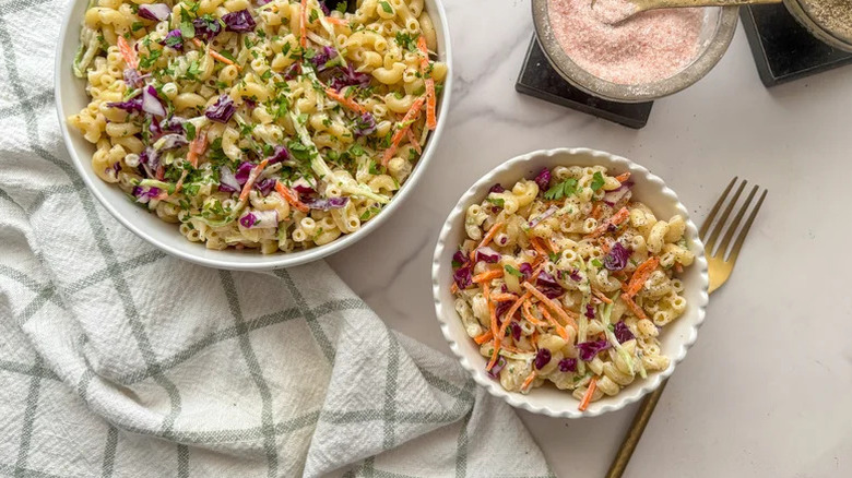 A large serving dish and a smaller bowl full of 3-Ingredient Macaroni Salad