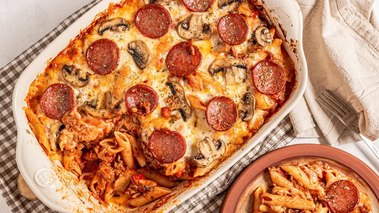 Casserole dish full of Pepperoni and Mushroom Pizza Pasta