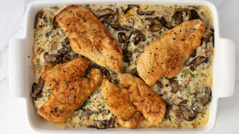 Elevated chicken tetrazzini in a white baking dish