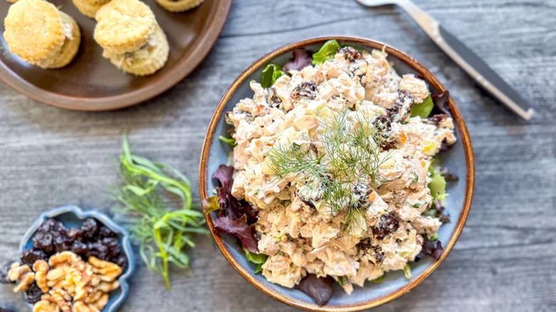 Triple anise chicken salad topped with fresh herbs
