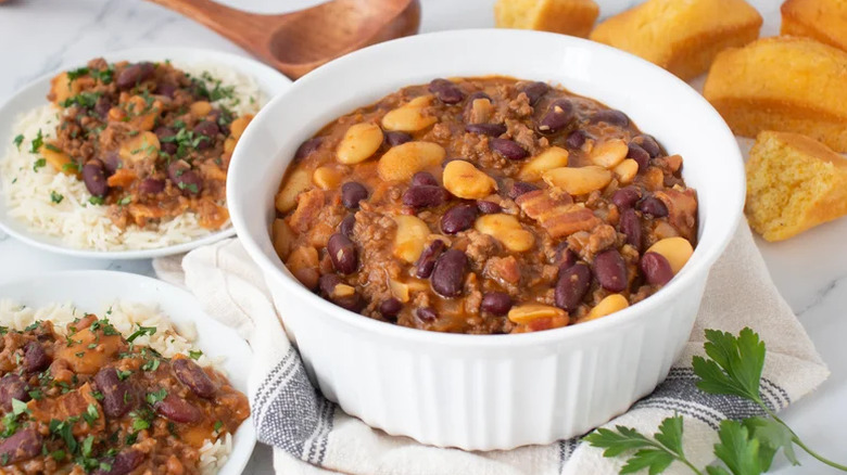 Calico beans with rice and cornbread