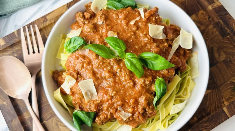 Bowl of pasta with Bolognese sauce