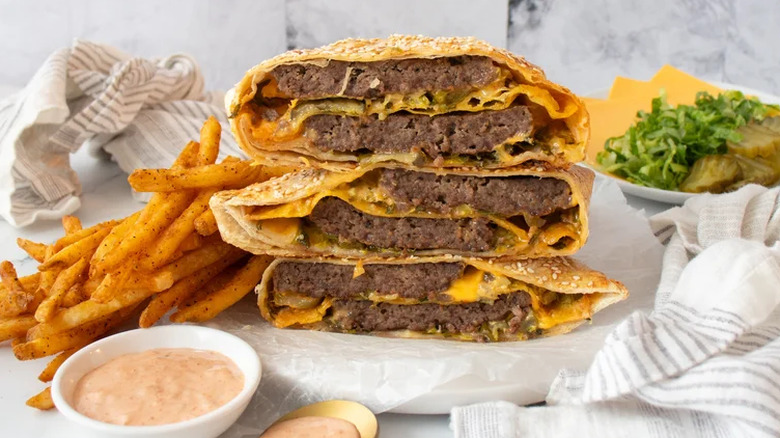 Smash burger Crunch Wrap on a plate