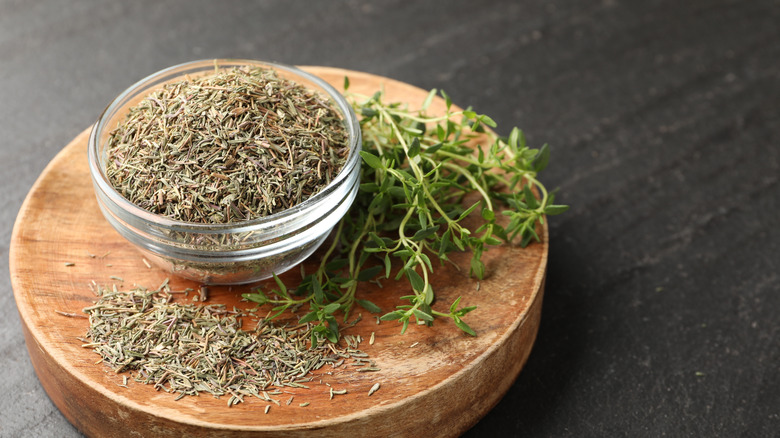 A bowl of dried thyme.