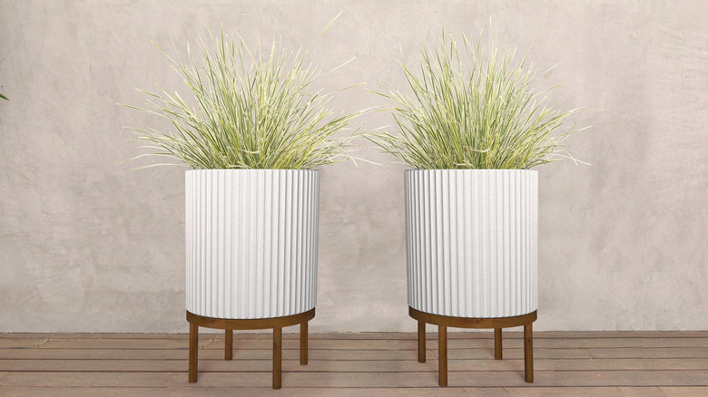 Set of white planters on wooden stools