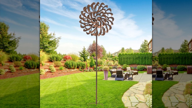 Copper flower structure in landscaped backyard