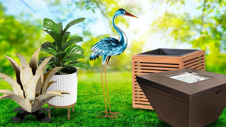 Variety of garden decor available at Costco on a green lawn