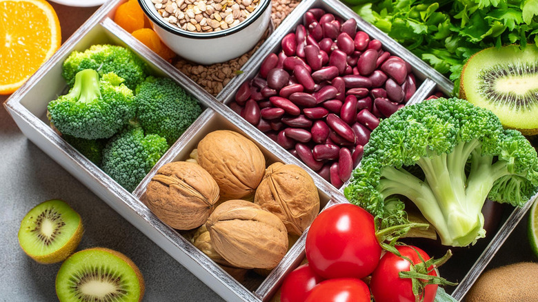 Brightly colored foods sorted in boxes