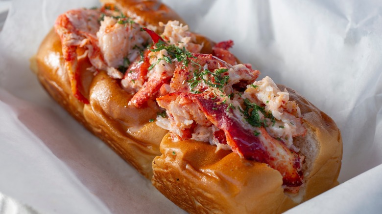 A lobster roll on paper wrapping