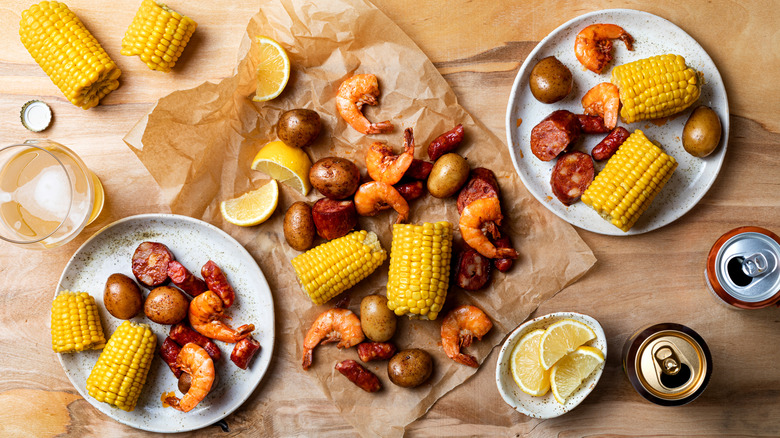 Seafood boil spread on a table