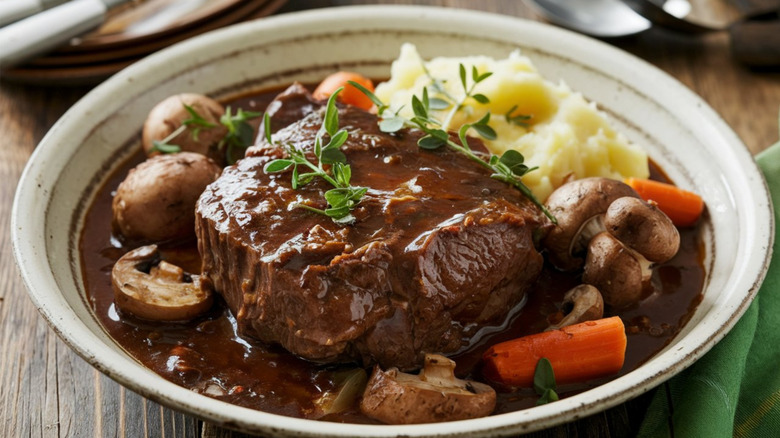 A white bowl with beef bourguignon, carrots, mushrooms, and potatoes on a wooden table