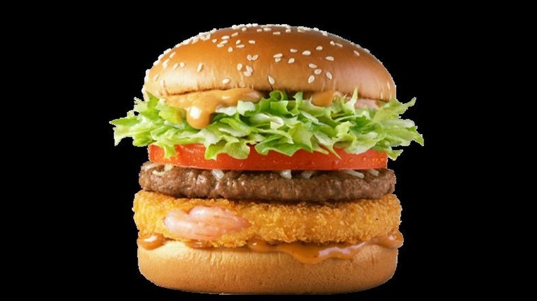 Shrimp Beef Burger against a black background