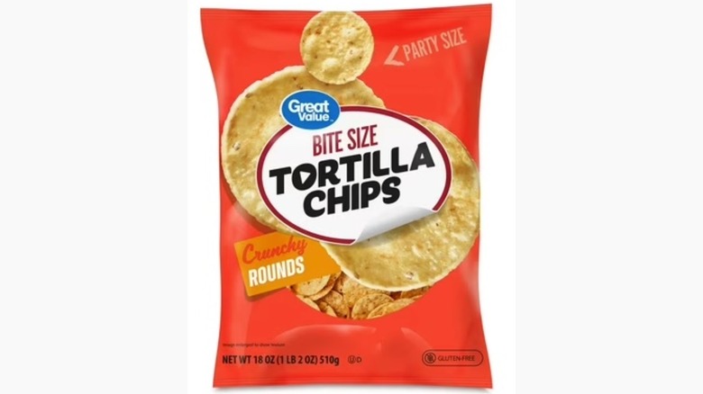 A bag of Great Value Bite Size Tortilla Chips, party size