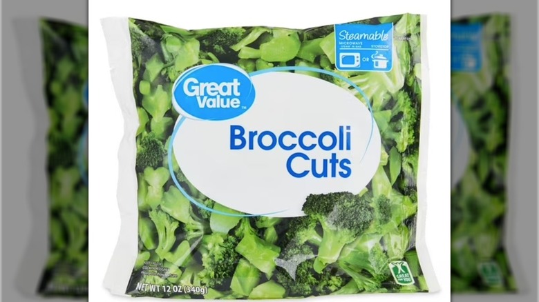 A bag of frozen Great Value Broccoli Cuts