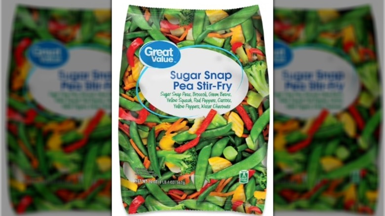 A bag of Great Value Sugar Snap Pea Stir-Fry frozen vegetables