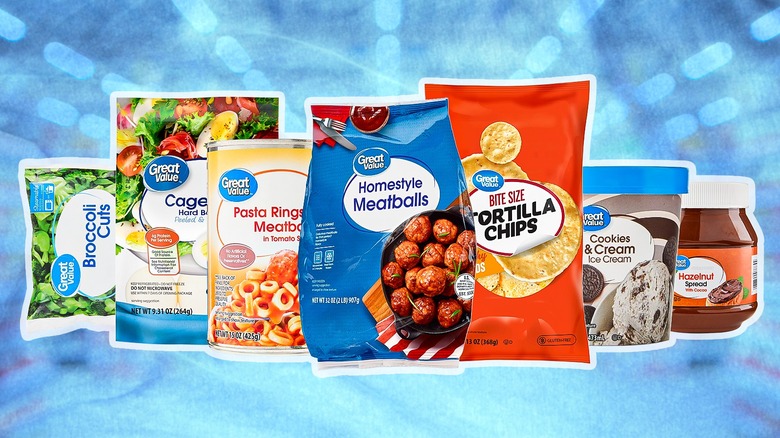 Composite photo showing several Great Value products with Homestyle Meatballs in front, all in front of a blue patterned backdrop