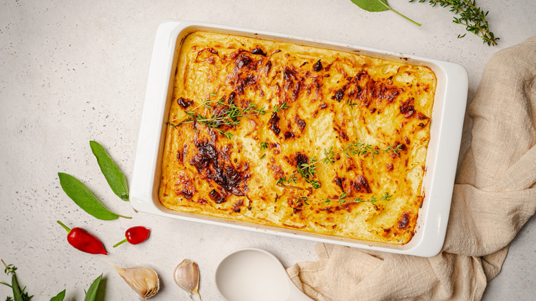 Pan of cheesy mashed potatoes