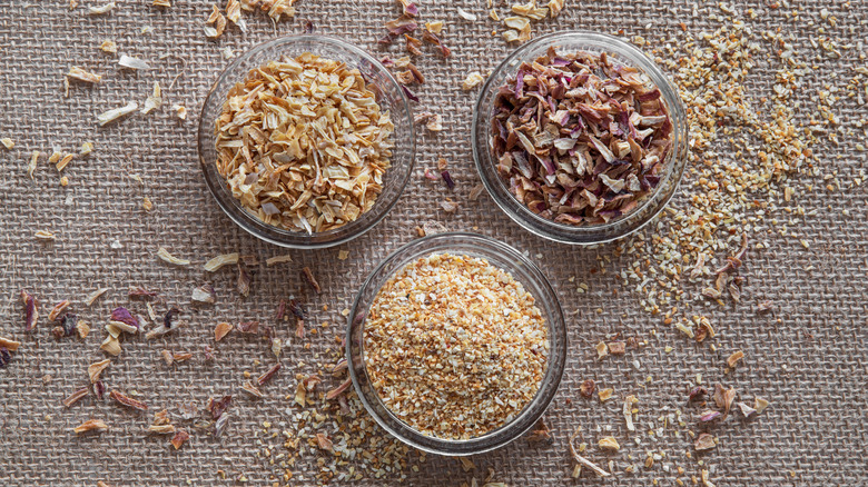 Bowls of dried onion and garlic powder