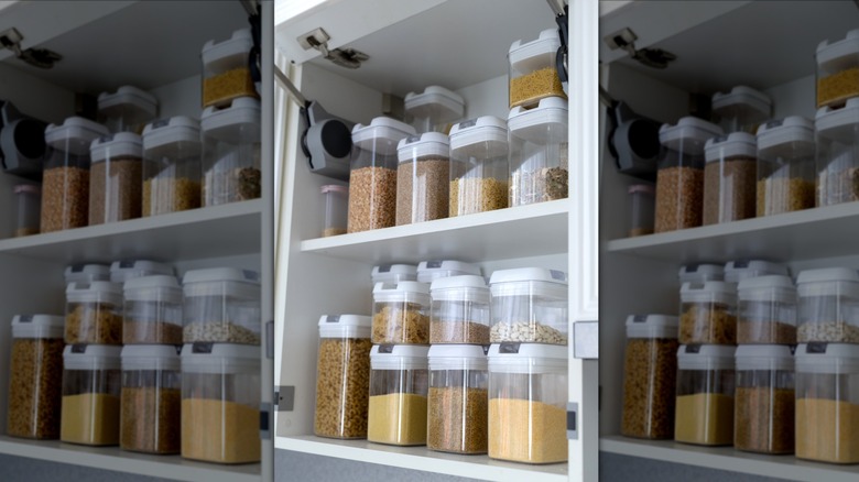 Pantry staples in airtight containers in cupboard