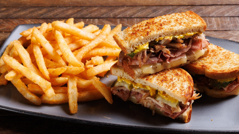 A sandwich and fries on a plate at Lazy Dog