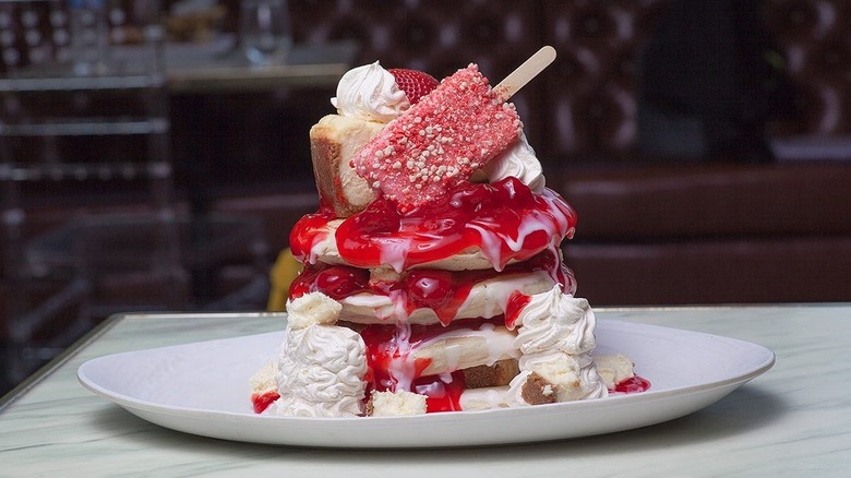 A plate of strawberry cheesecake pancakes at Sugar Factory