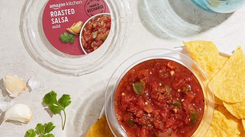 Amazon Kitchen Mild Roasted Salsa open next to tortilla chips.