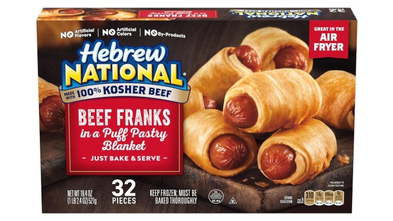 A box of Hebrew National Beef Franks in a puff pastry.