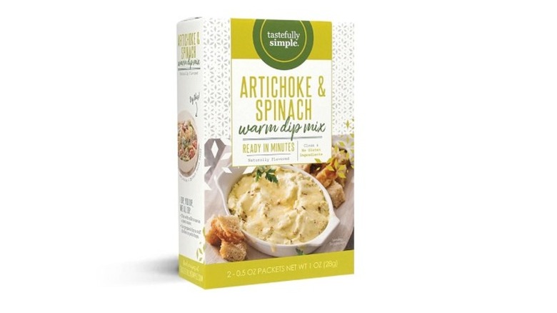 A box of Tastefully Simple Artichoke and Spinach warm dip mix.