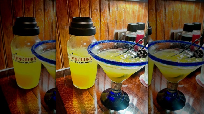 A mango margarita on a table at LongHorn Steakhouse