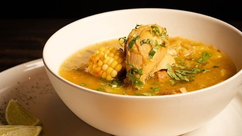 A bowl of chicken and corn soup at Plaza Fiesta