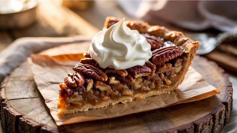 A slice of pecan pie topped with whipped cream