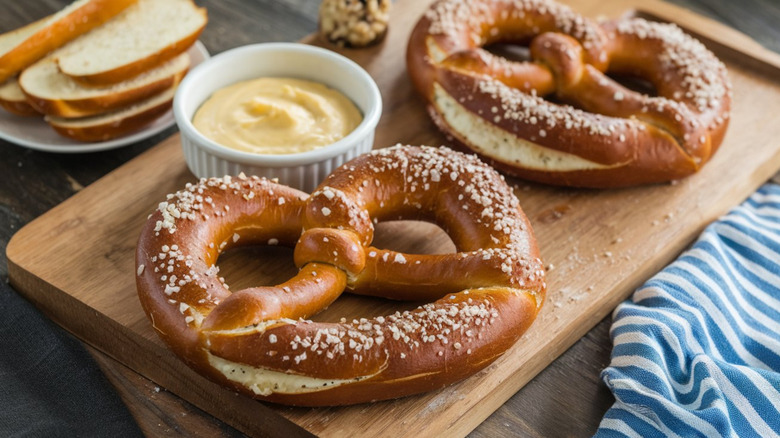 Two soft pretzels on a wooden cutting board with mustard dip