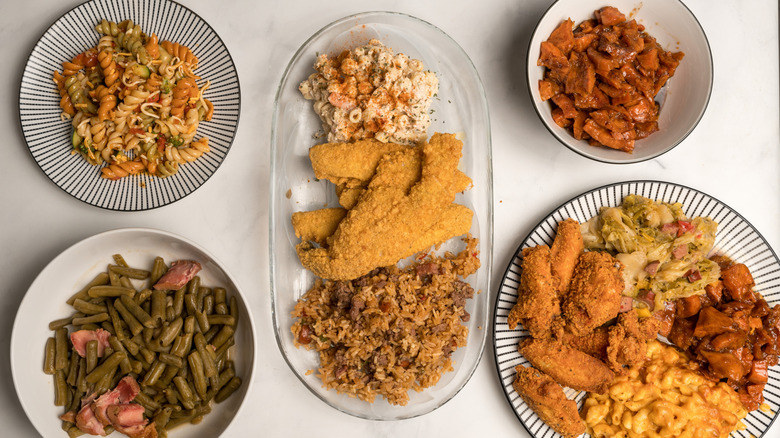 Soul food plates arranged on a table